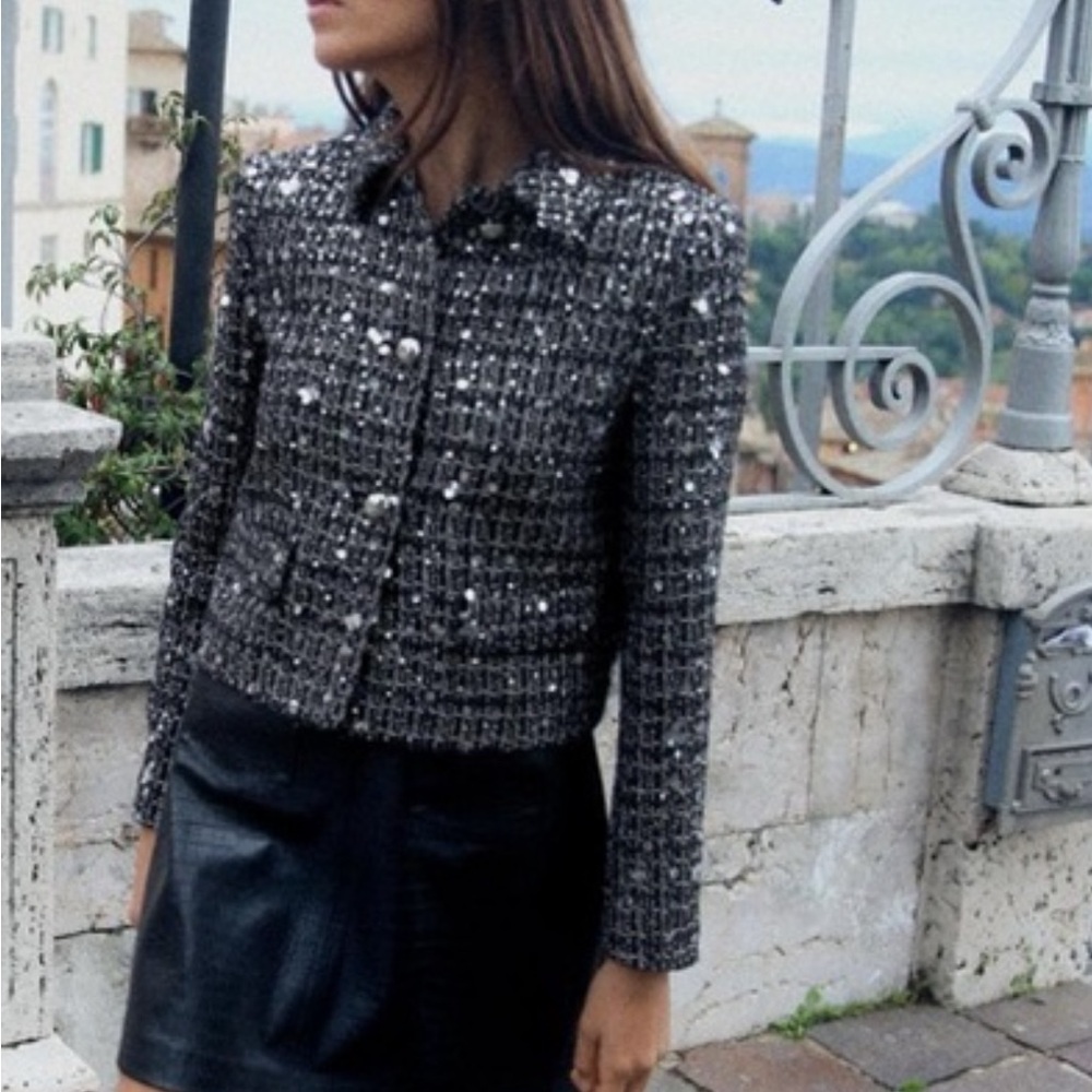 Zara textured tweed black white sequin embellished blazer jacket size S